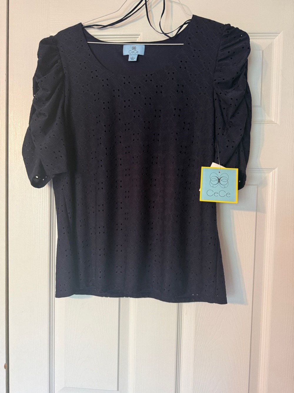 CeCe NavyEyelet Puff-Sleeve Top
